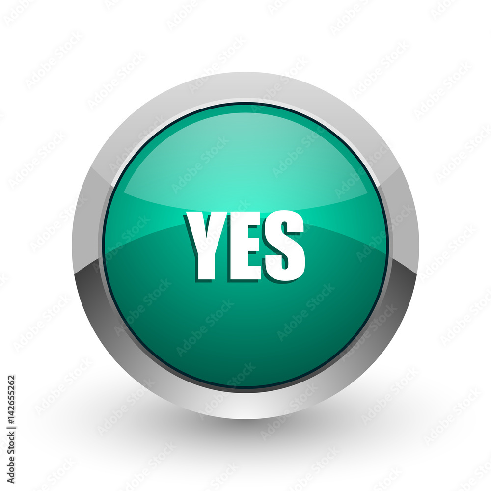 Aufkleber yes silver metallic chrome web design green round internet icon with shadow on white background.