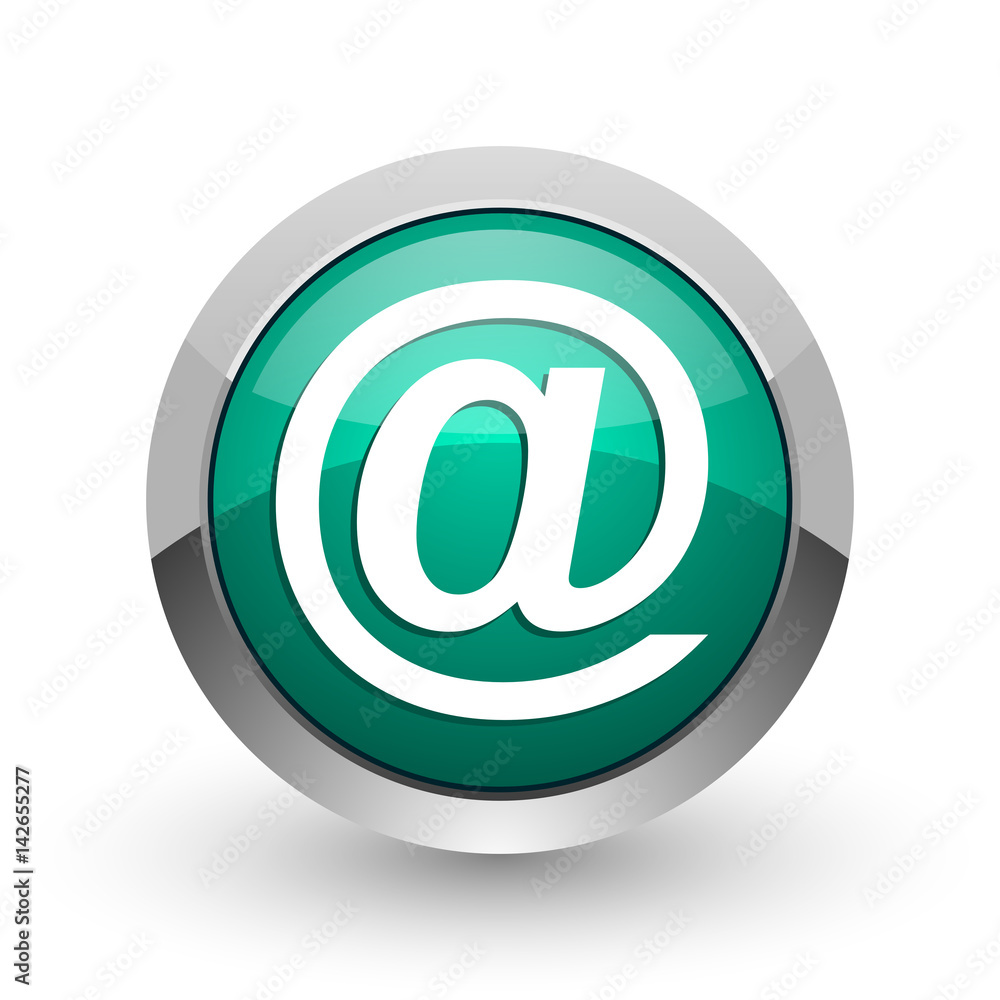 Aufkleber Email silver metallic chrome web design green round internet icon with shadow on white background.