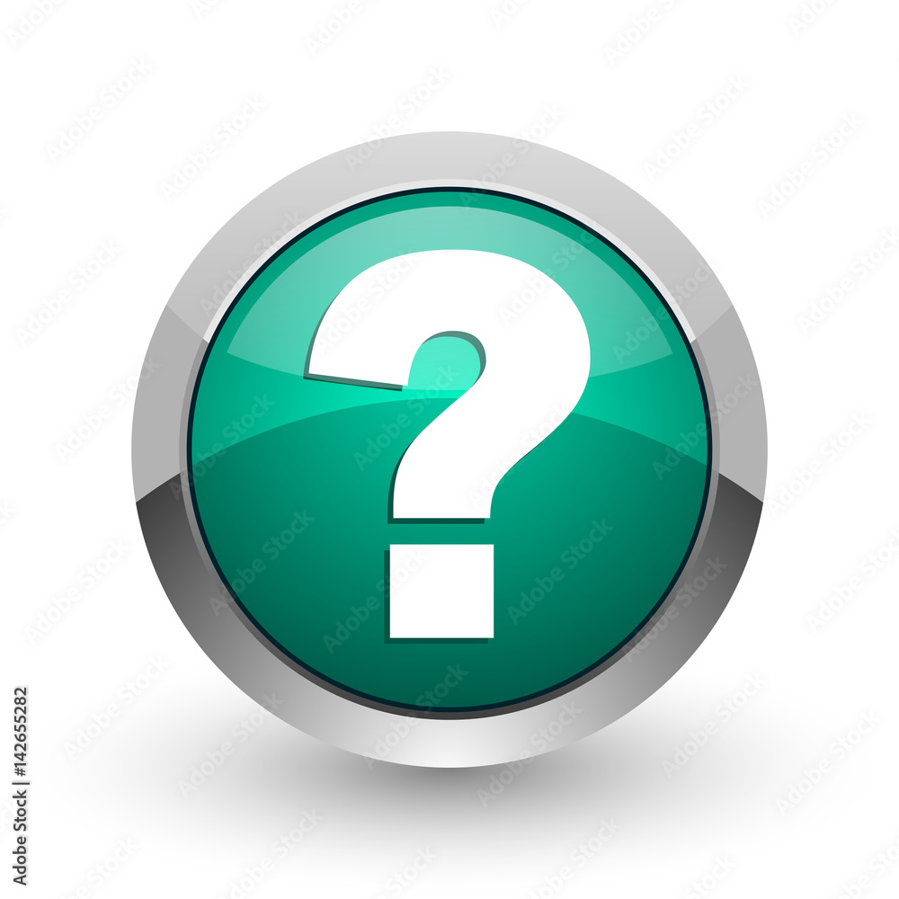 Poster question mark silver metallic chrome web design green round internet icon with shadow on white backg