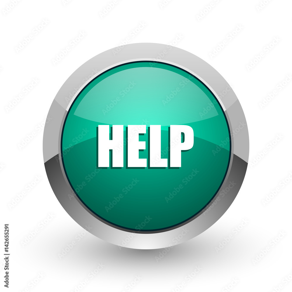 Poster help silver metallic chrome web design green round internet icon with shadow on white background.