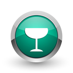 Alcohol  silver metallic chrome web design green round internet icon with shadow on white background.