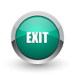 Exit silver metallic chrome web design green round internet icon with shadow on white background.