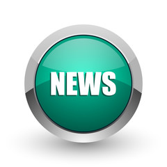 News silver metallic chrome web design green round internet icon with shadow on white background.