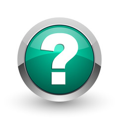 Question mark silver metallic chrome web design green round internet icon with shadow on white background.