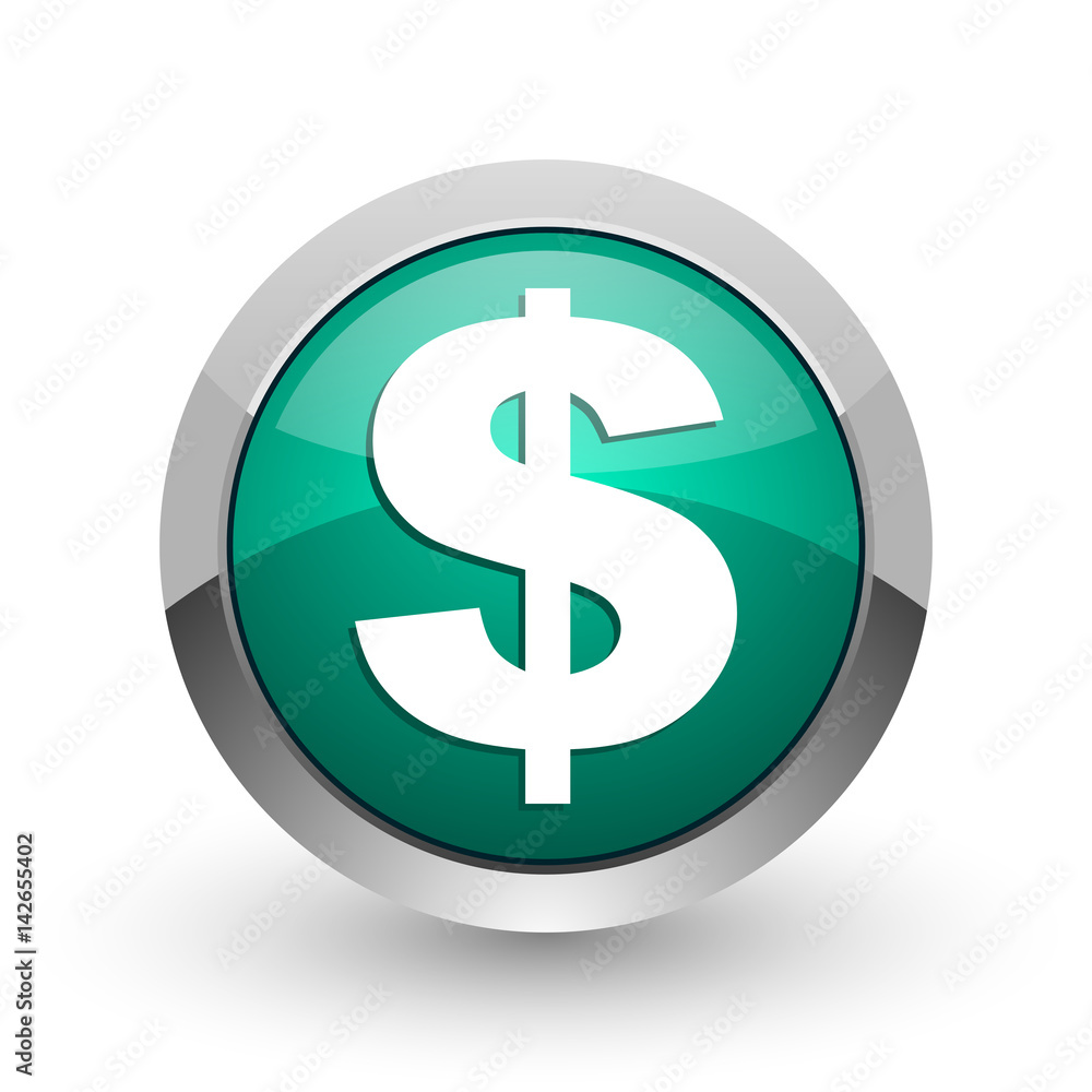 Poster dollar silver metallic chrome web design green round internet icon with shadow on white background.