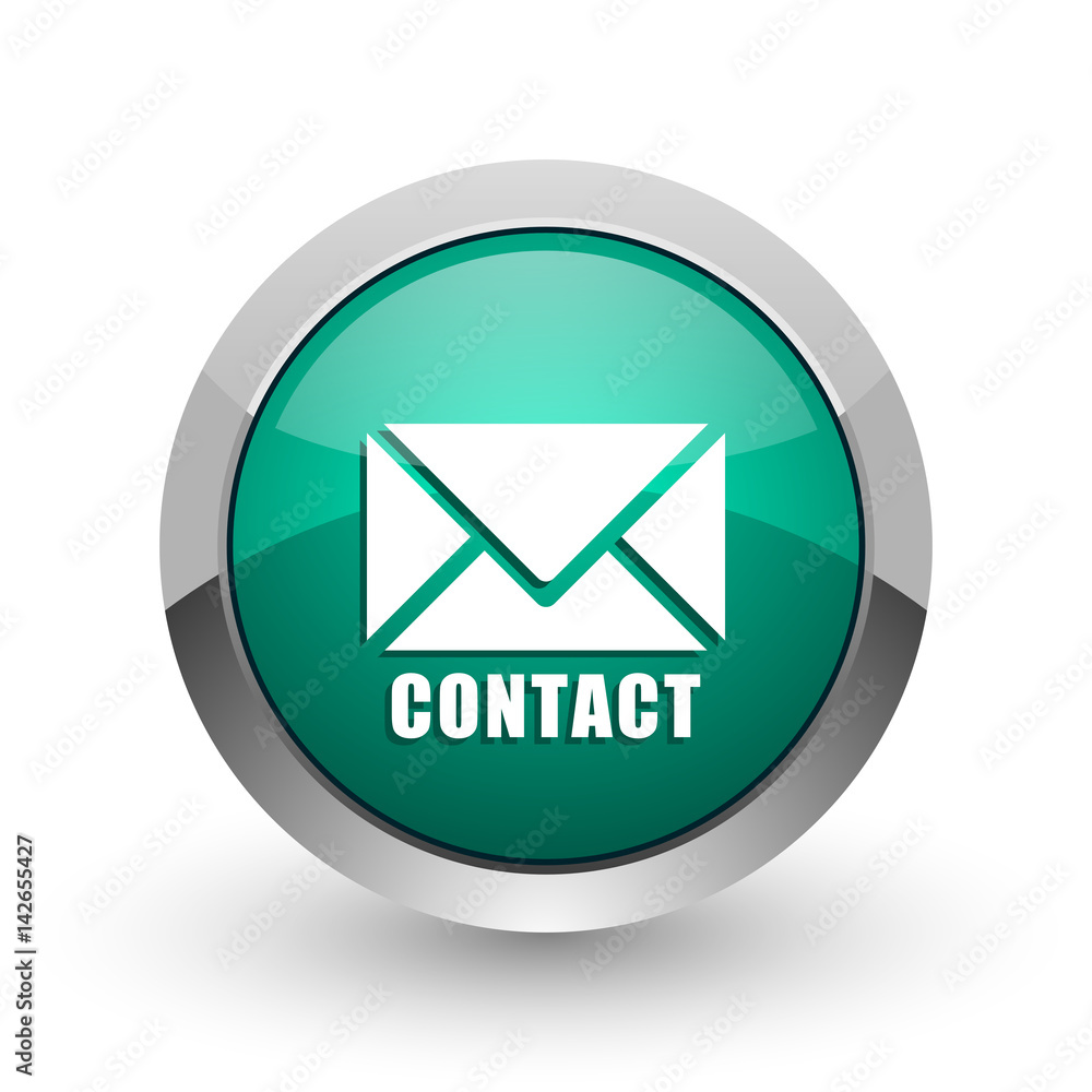 Aufkleber Email silver metallic chrome web design green round internet icon with shadow on white background.