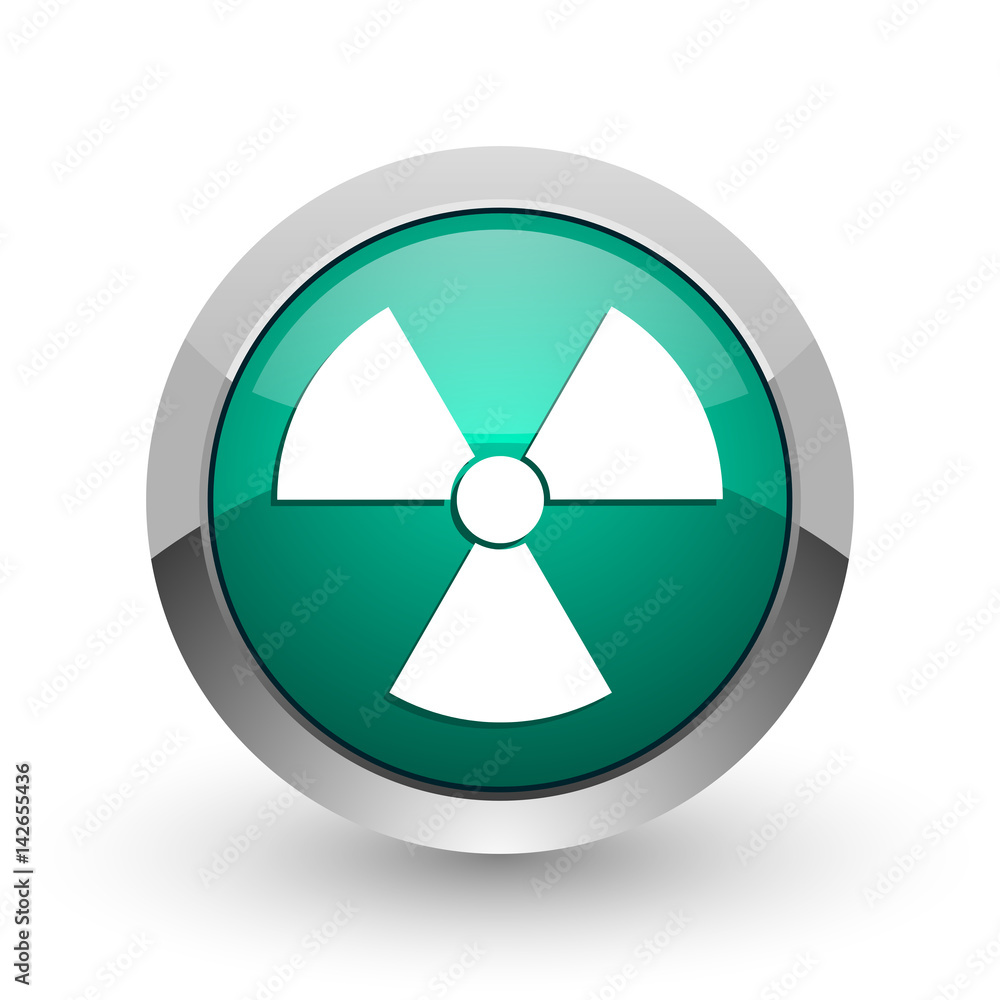 Poster Radiation silver metallic chrome web design green round internet icon with shadow on white background.