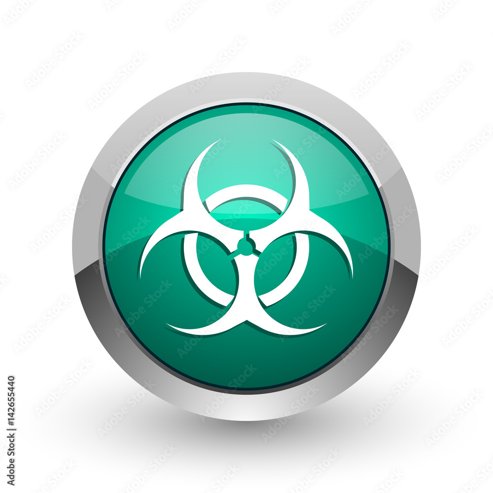 Poster biohazard silver metallic chrome web design green round internet icon with shadow on white backgroun