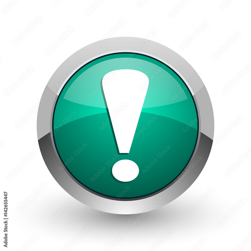 Aufkleber exclamation sign silver metallic chrome web design green round internet icon with shadow on white ba