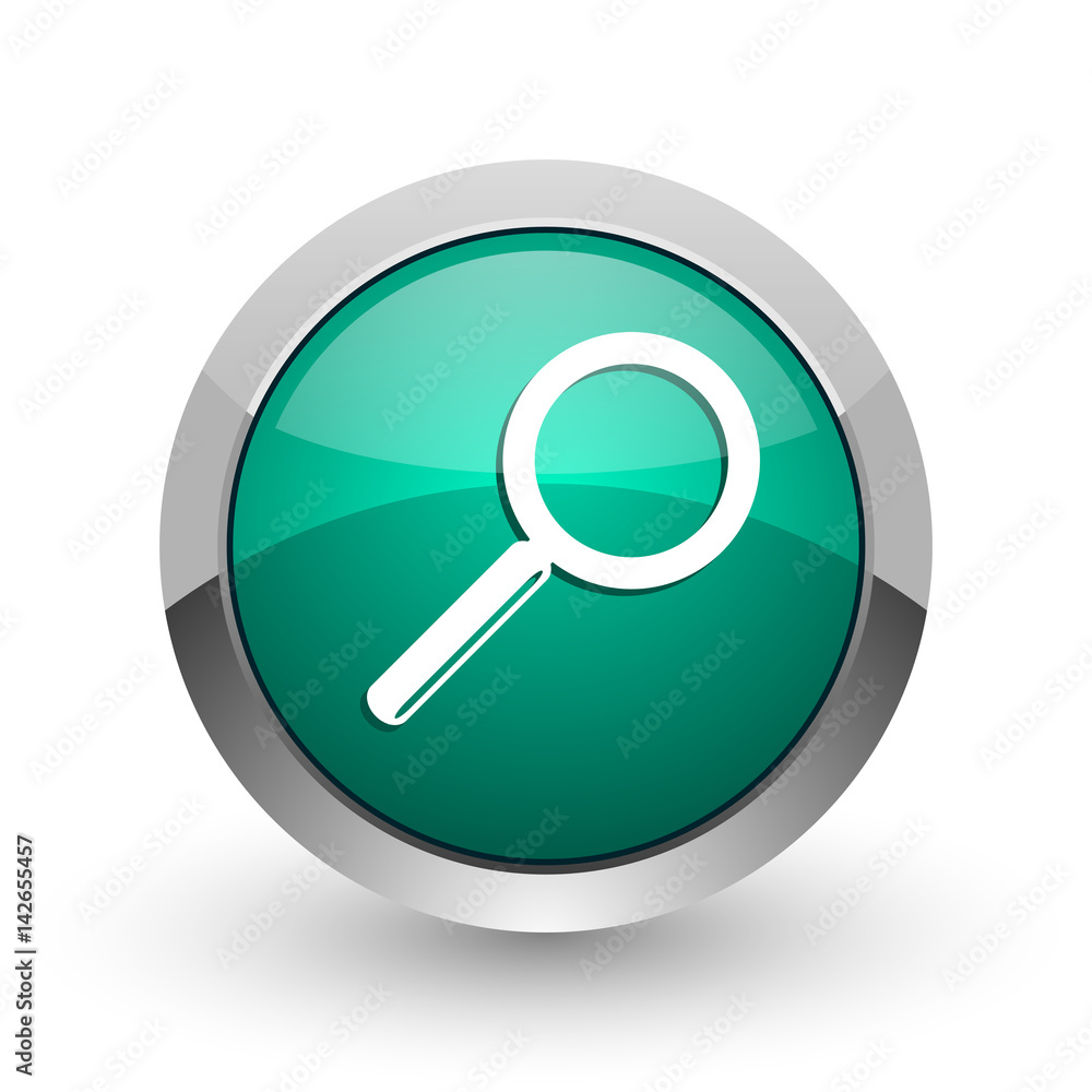 Poster search silver metallic chrome web design green round internet icon with shadow on white background.