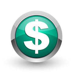 Dollar silver metallic chrome web design green round internet icon with shadow on white background.
