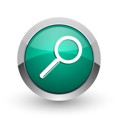 Search silver metallic chrome web design green round internet icon with shadow on white background.