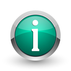 Information silver metallic chrome web design green round internet icon with shadow on white background.