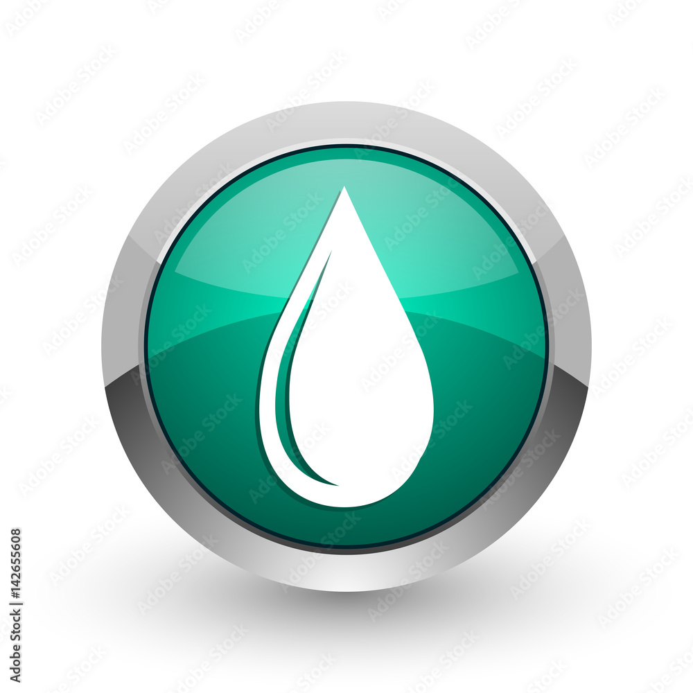Poster Water drop silver metallic chrome web design green round internet icon with shadow on white background.