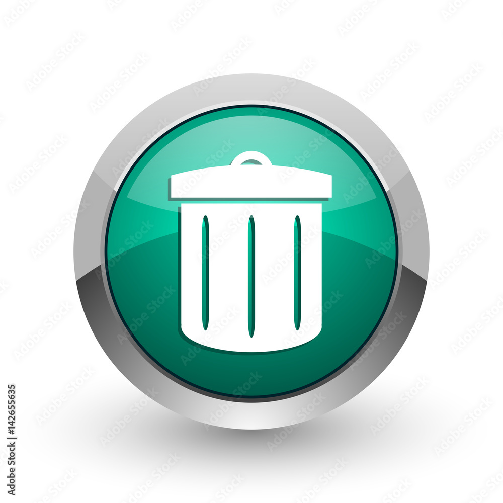 Poster Recycle silver metallic chrome web design green round internet icon with shadow on white background.