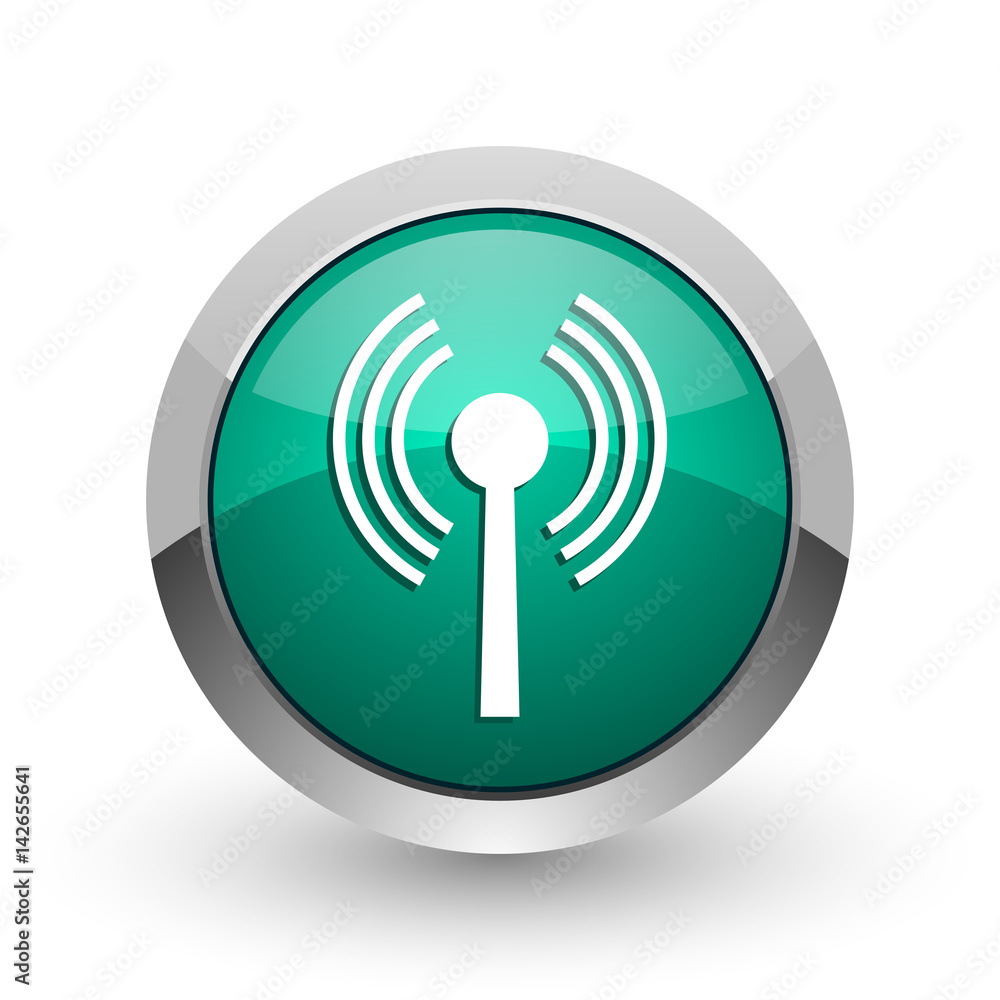 Poster wifi silver metallic chrome web design green round internet icon with shadow on white background.