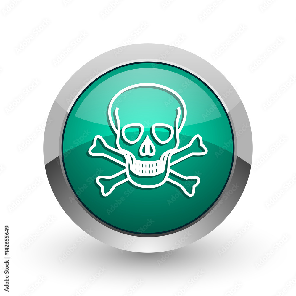 Poster skull silver metallic chrome web design green round internet icon with shadow on white background.
