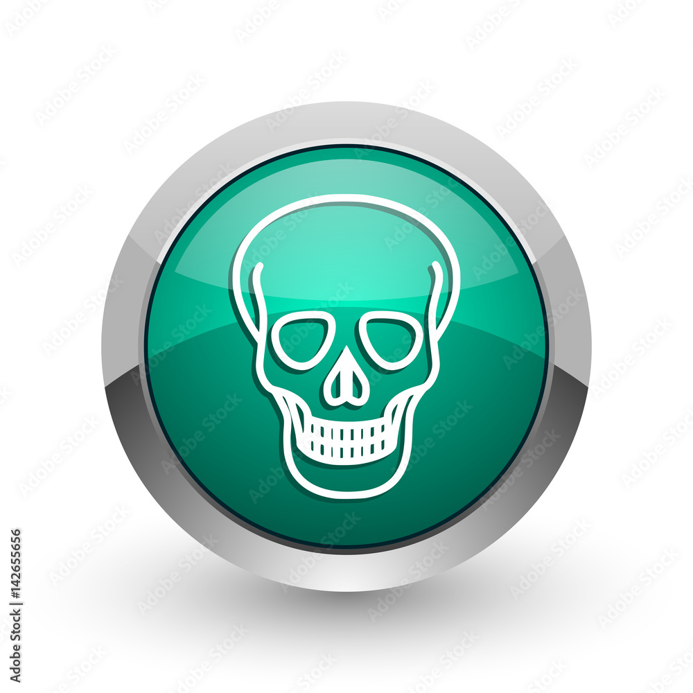 Poster skull silver metallic chrome web design green round internet icon with shadow on white background.