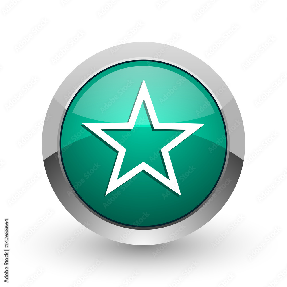 Aufkleber star silver metallic chrome web design green round internet icon with shadow on white background.