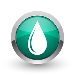 Water drop silver metallic chrome web design green round internet icon with shadow on white background.
