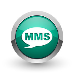 Mms silver metallic chrome web design green round internet icon with shadow on white background.