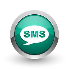 Sms silver metallic chrome web design green round internet icon with shadow on white background.