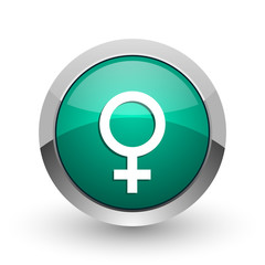 Female silver metallic chrome web design green round internet icon with shadow on white background.