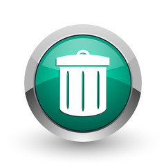 Recycle silver metallic chrome web design green round internet icon with shadow on white background.