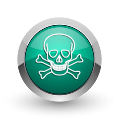 Skull silver metallic chrome web design green round internet icon with shadow on white background.
