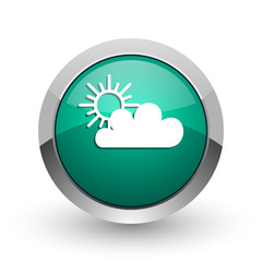 Cloud silver metallic chrome web design green round internet icon with shadow on white background.