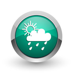 Rain silver metallic chrome web design green round internet icon with shadow on white background.
