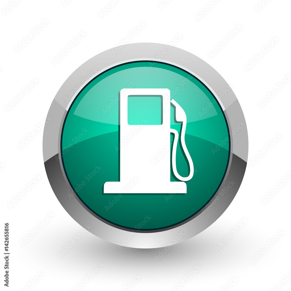 Poster Petrol silver metallic chrome web design green round internet icon with shadow on white background.