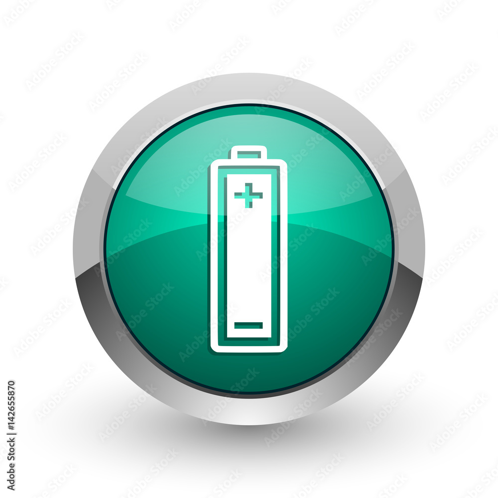 Poster battery silver metallic chrome web design green round internet icon with shadow on white background.