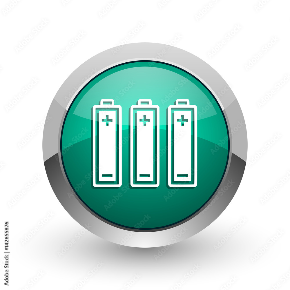 Poster battery silver metallic chrome web design green round internet icon with shadow on white background.