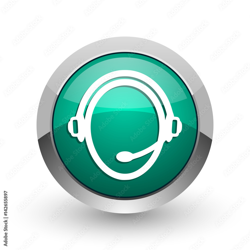 Poster customer service silver metallic chrome web design green round internet icon with shadow on white ba