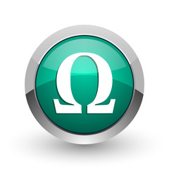 Omega silver metallic chrome web design green round internet icon with shadow on white background.