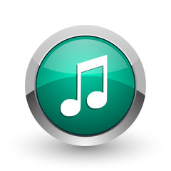 Music silver metallic chrome web design green round internet icon with shadow on white background.