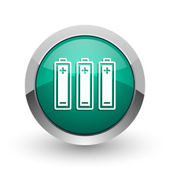 Battery silver metallic chrome web design green round internet icon with shadow on white background.