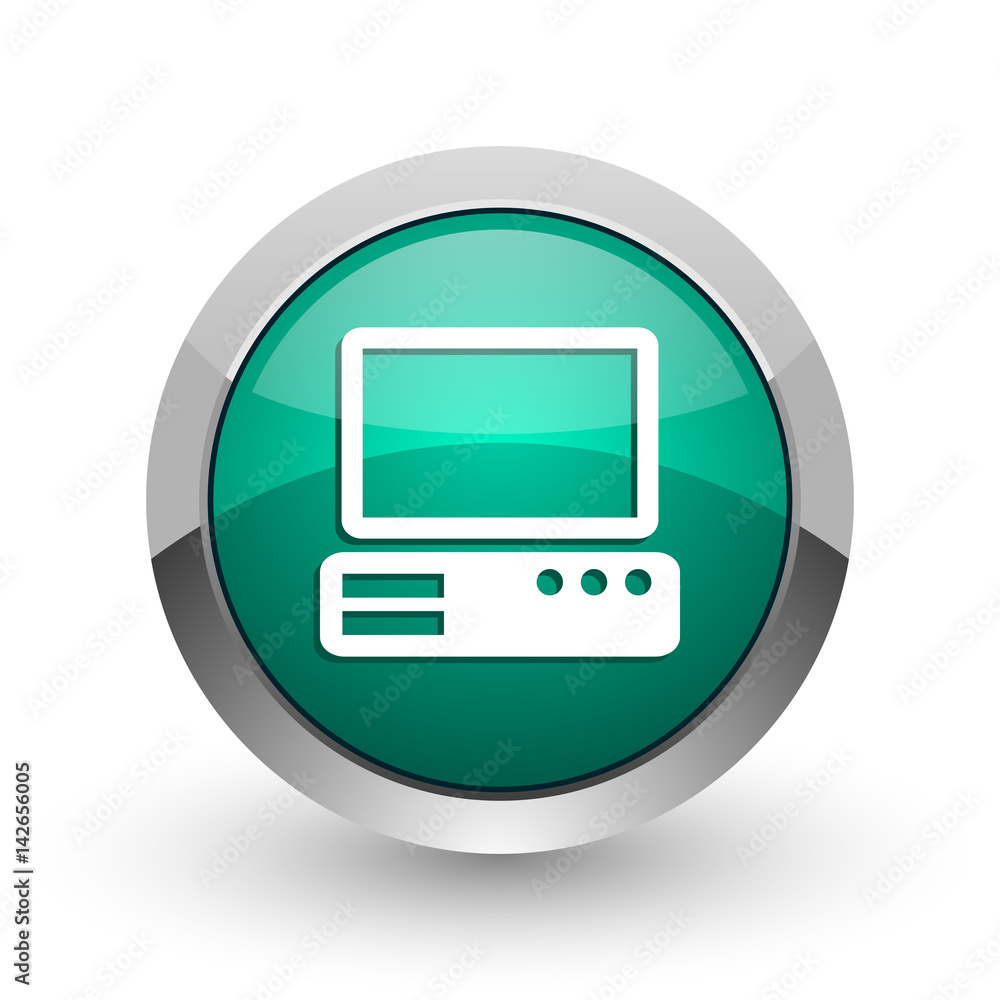 Poster Computer silver metallic chrome web design green round internet icon with shadow on white background.