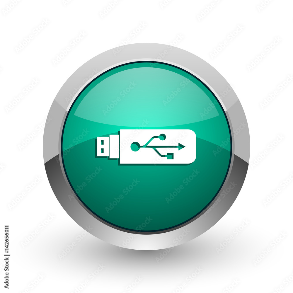 Poster usb silver metallic chrome web design green round internet icon with shadow on white background.