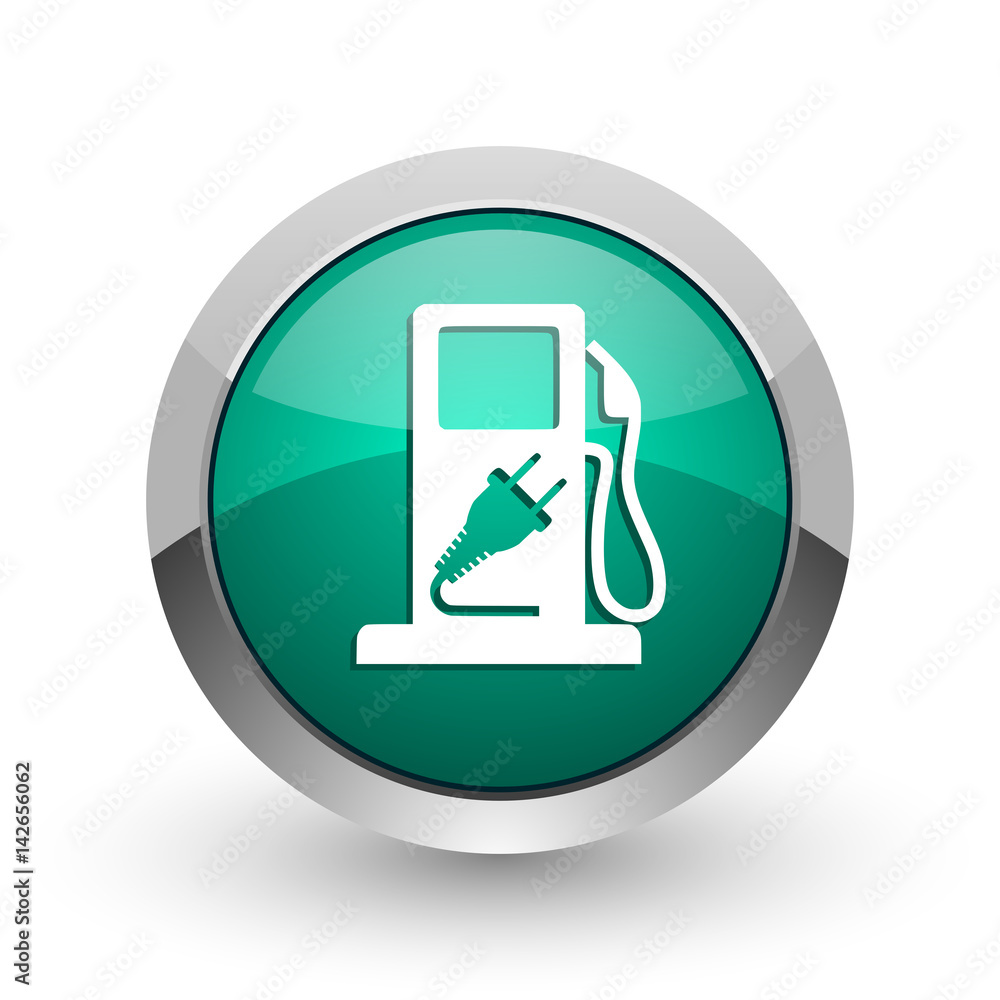Poster fuel silver metallic chrome web design green round internet icon with shadow on white background.