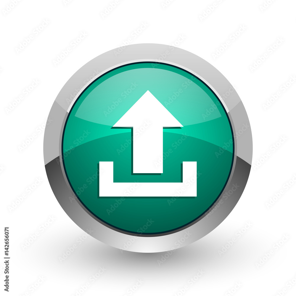Aufkleber Upload silver metallic chrome web design green round internet icon with shadow on white background.