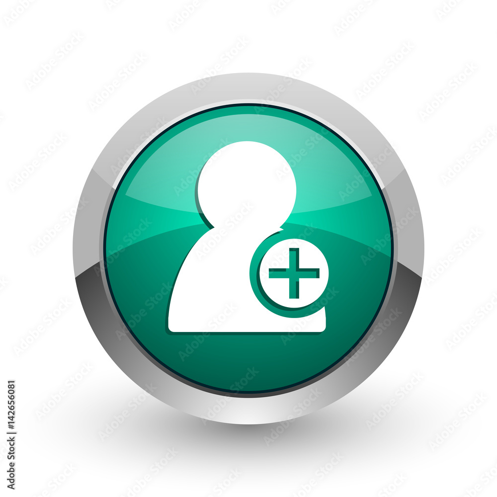 Aufkleber add contact silver metallic chrome web design green round internet icon with shadow on white backgro