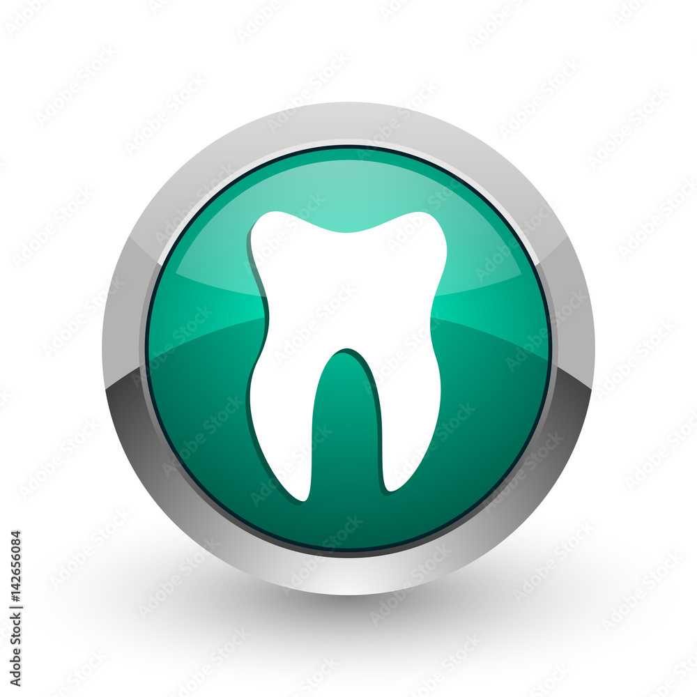 Aufkleber tooth silver metallic chrome web design green round internet icon with shadow on white background.