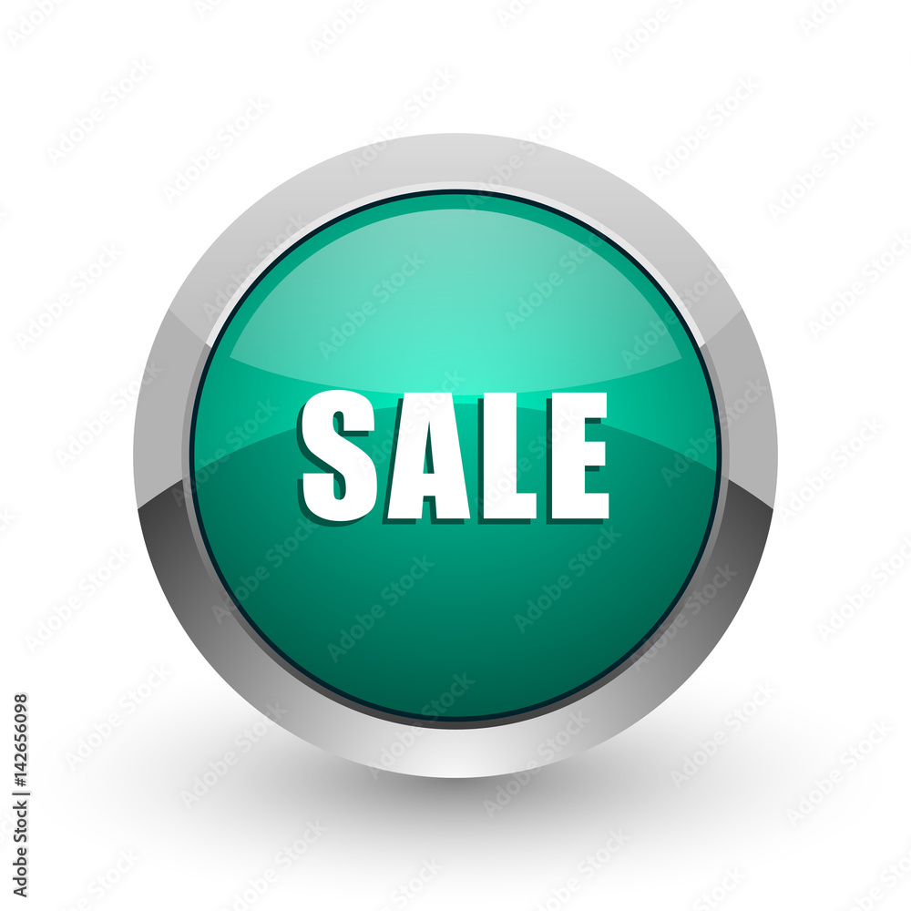 Poster sale silver metallic chrome web design green round internet icon with shadow on white background.