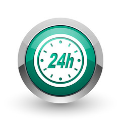 24h silver metallic chrome web design green round internet icon with shadow on white background.