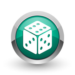 Game silver metallic chrome web design green round internet icon with shadow on white background.