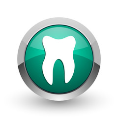 Tooth silver metallic chrome web design green round internet icon with shadow on white background.