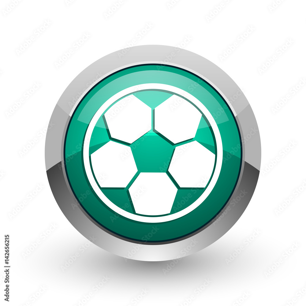 Poster soccer silver metallic chrome web design green round internet icon with shadow on white background.