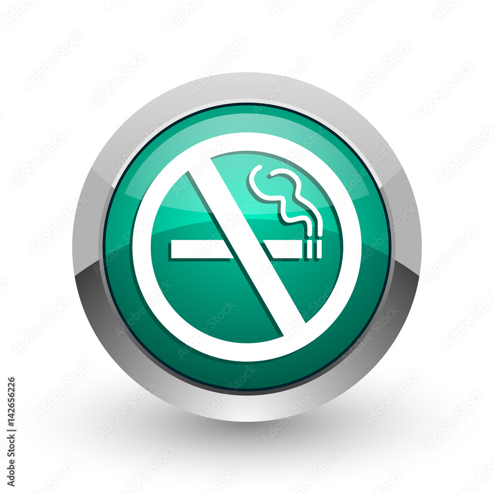 Poster No smoking silver metallic chrome web design green round internet icon with shadow on white background.